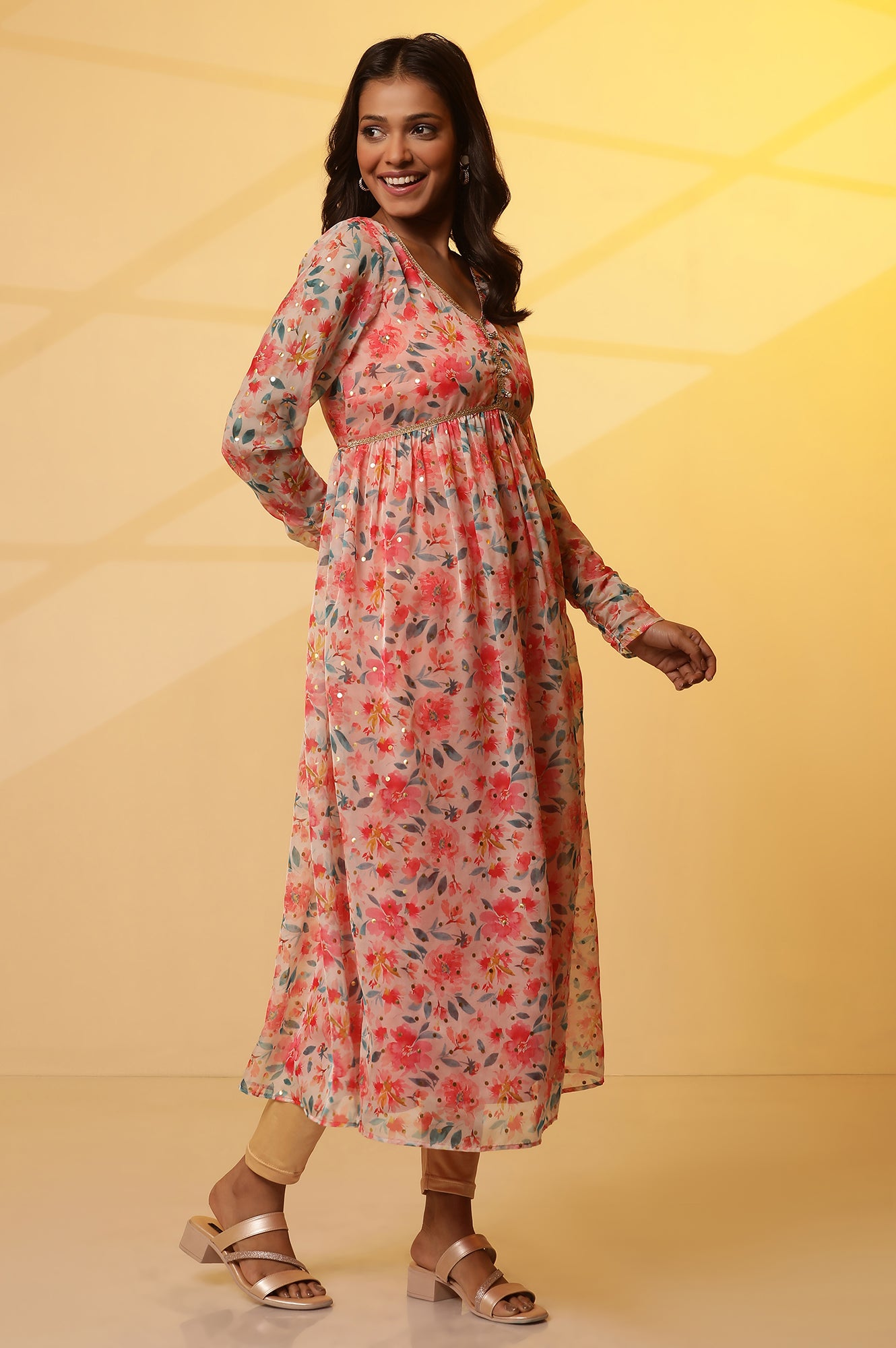 Pink Flared Floral Print Kurta with Gathers