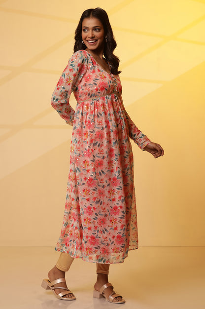 Pink Flared Floral Print Kurta with Gathers