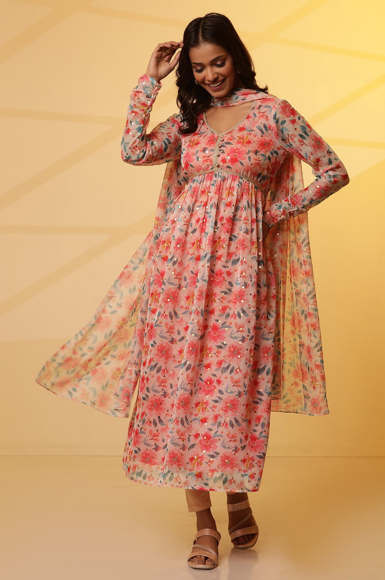 Pink Flared Floral Print Kurta with Gathers