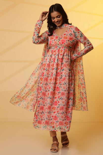 Pink Flared Floral Print Kurta with Gathers