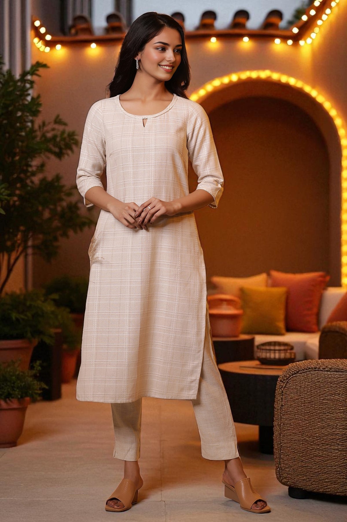 Biege Yarn-Dyed Checker Kurta - XS