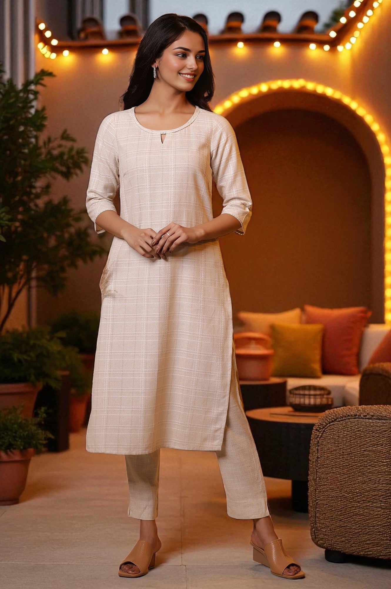 Biege Yarn-Dyed Checker Kurta