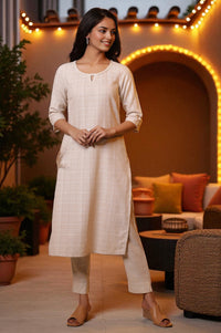 Biege Yarn-Dyed Checker Kurta