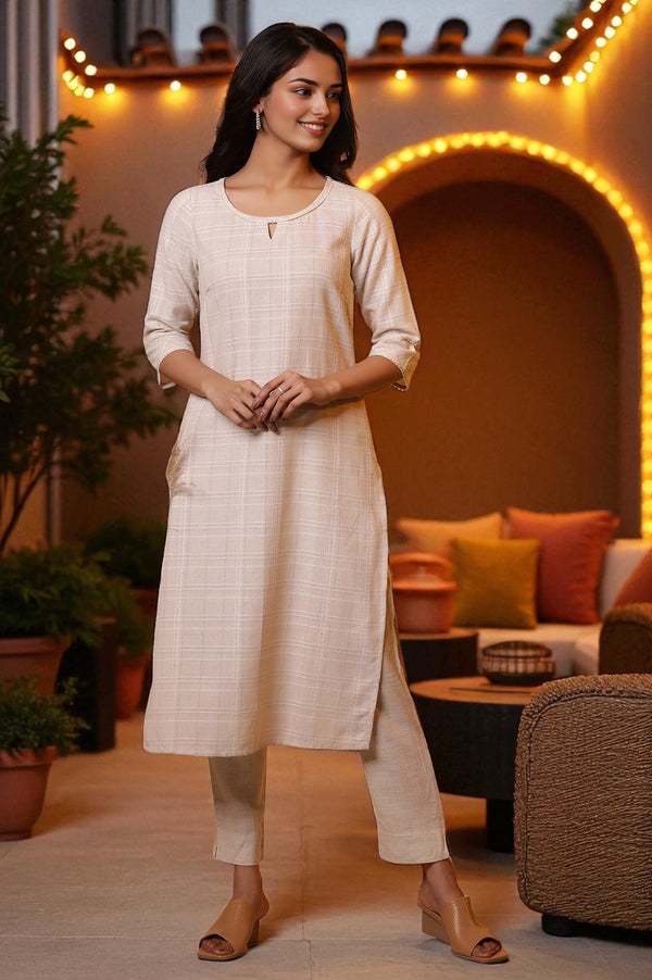 Biege Yarn-Dyed Checker Kurta