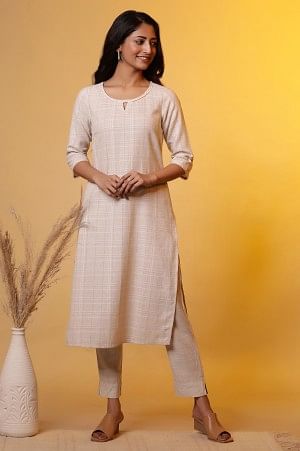 Biege Yarn-Dyed Checker Kurta