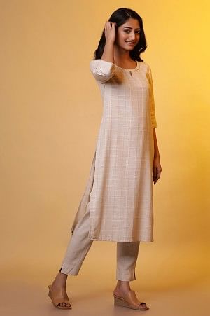 Biege Yarn-Dyed Checker Kurta