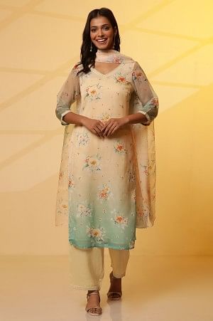 Cream and Teal Coloured Printed Kurta, Pants and Dupatta Set