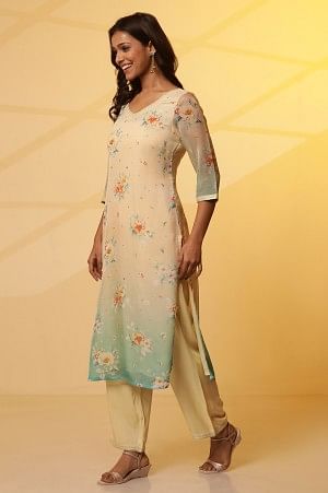 Cream and Teal Coloured Printed Kurta, Pants and Dupatta Set