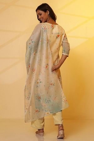 Cream and Teal Coloured Printed Kurta, Pants and Dupatta Set