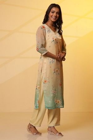 Cream and Teal Coloured Printed Kurta, Pants and Dupatta Set