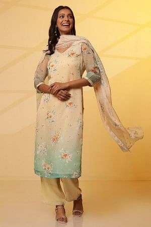 Cream and Teal Coloured Printed Kurta, Pants and Dupatta Set