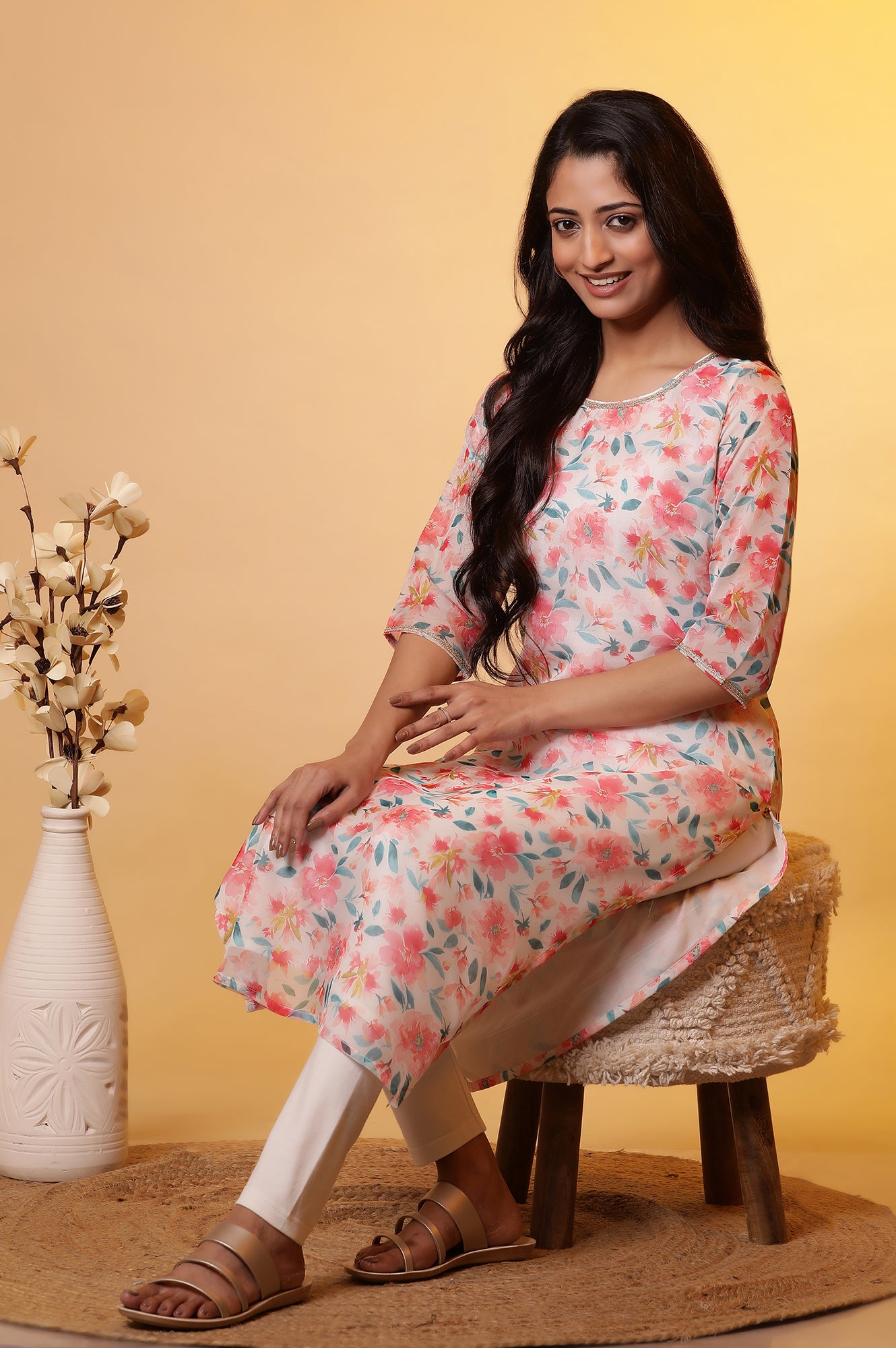 White Straight Organza Kurta with Pink Floral Print