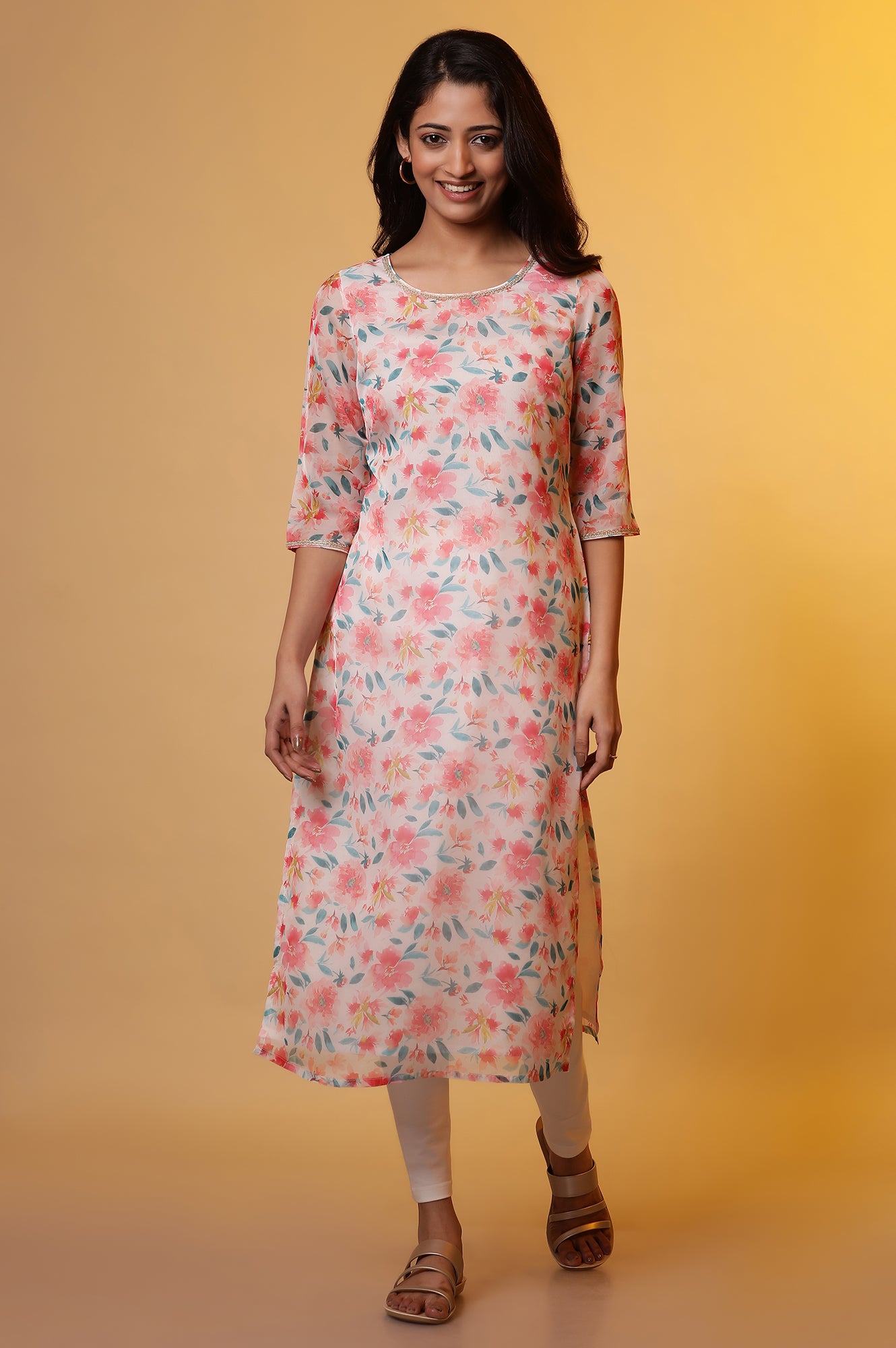 White Straight Organza Kurta with Pink Floral Print