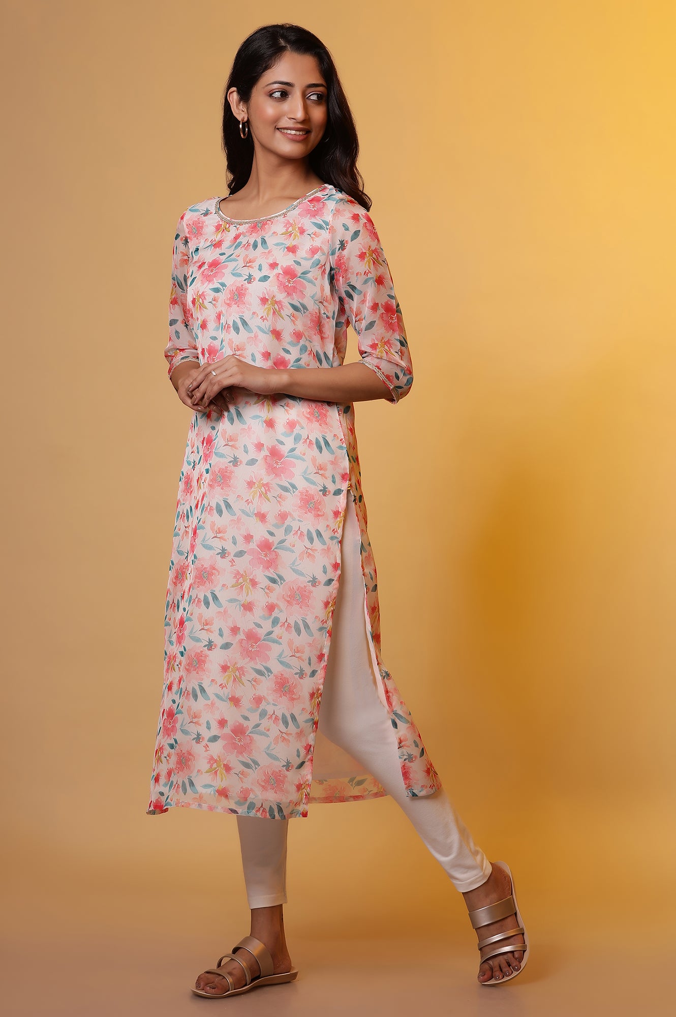 White Straight Organza Kurta with Pink Floral Print