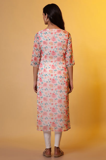 White Straight Organza Kurta with Pink Floral Print