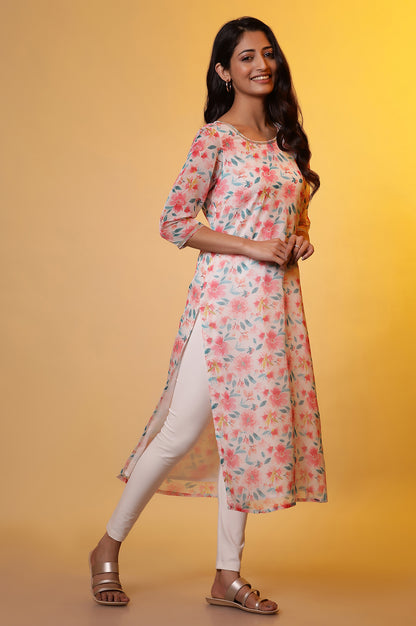 White Straight Organza Kurta with Pink Floral Print