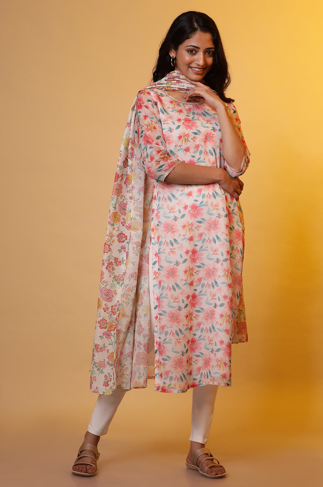 White Straight Organza Kurta with Pink Floral Print