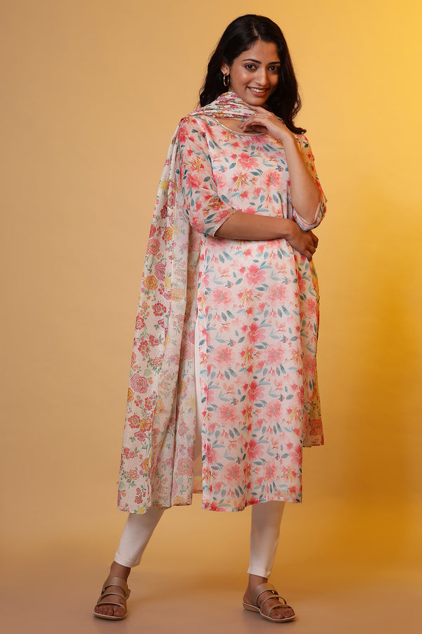 White Straight Organza Kurta with Pink Floral Print
