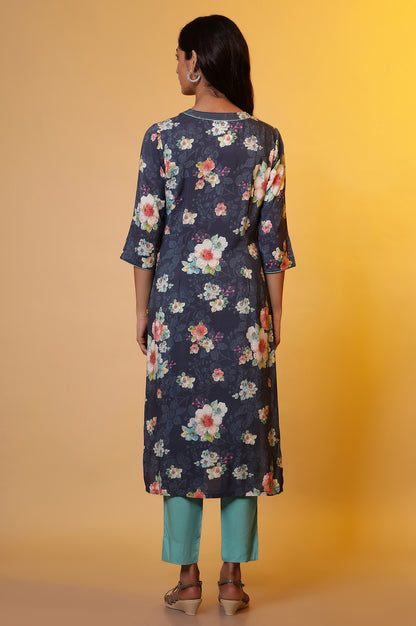 Blue Floral Printed Straight Kurta