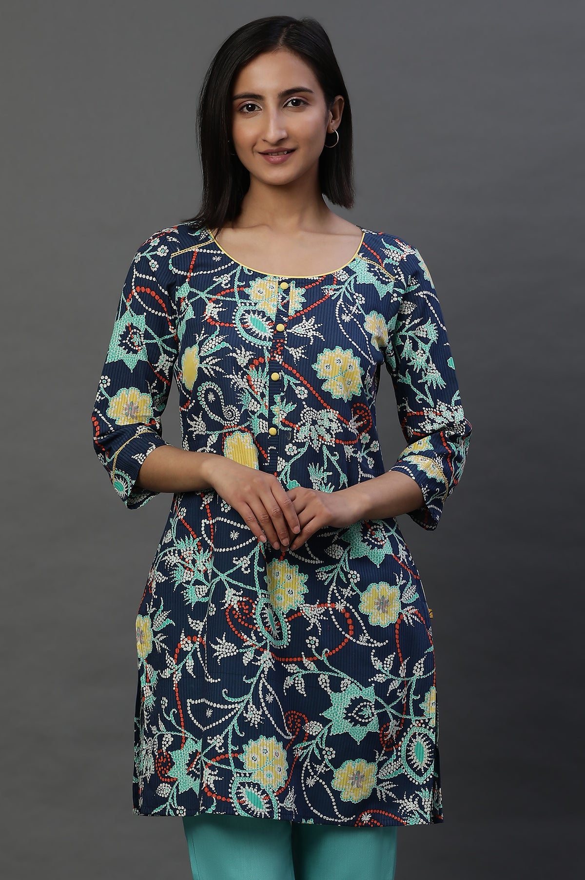 Navy Blue Floral Printed Short Kurti - XS