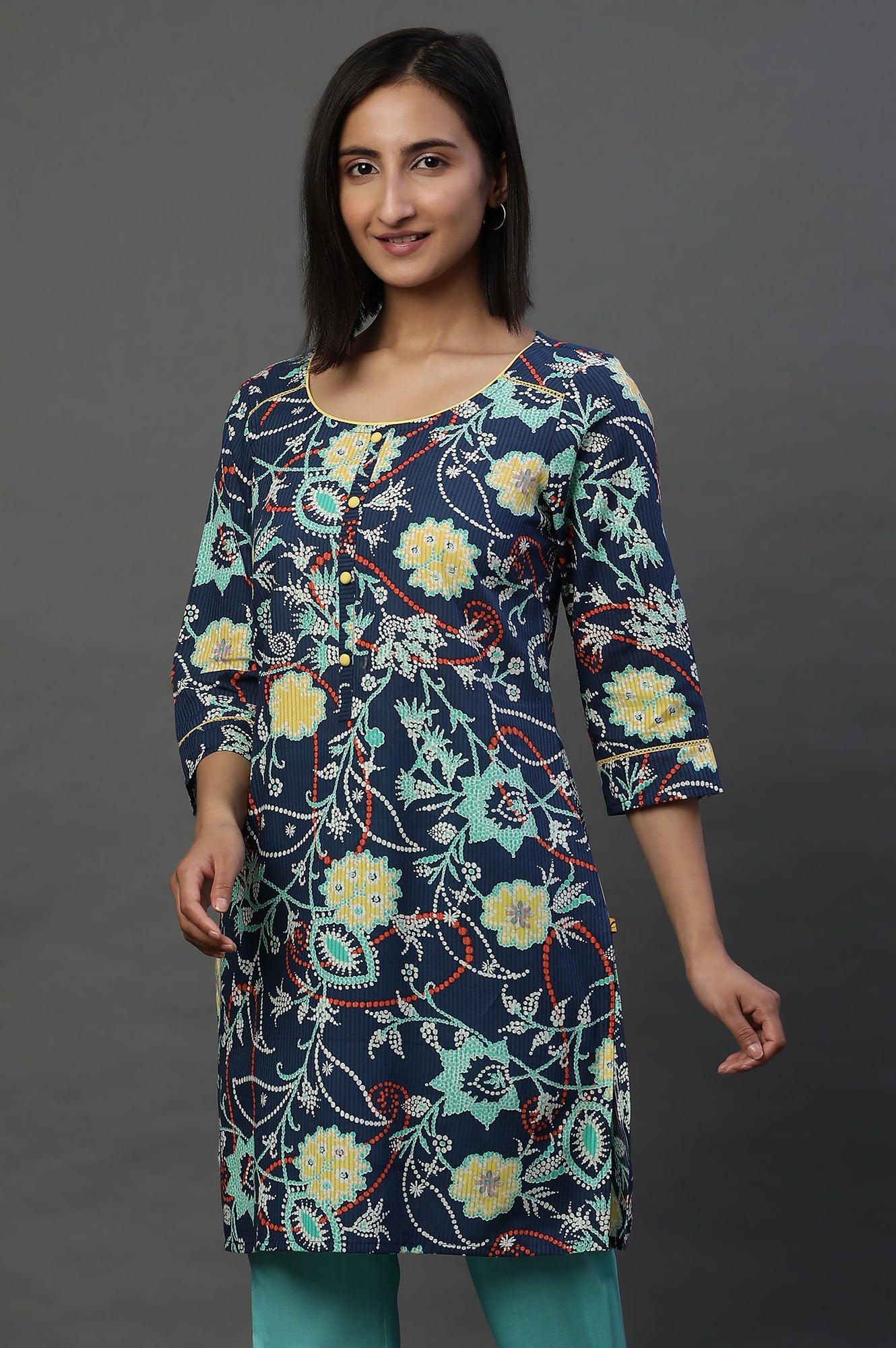 Orange Floral Printed Short Kurti