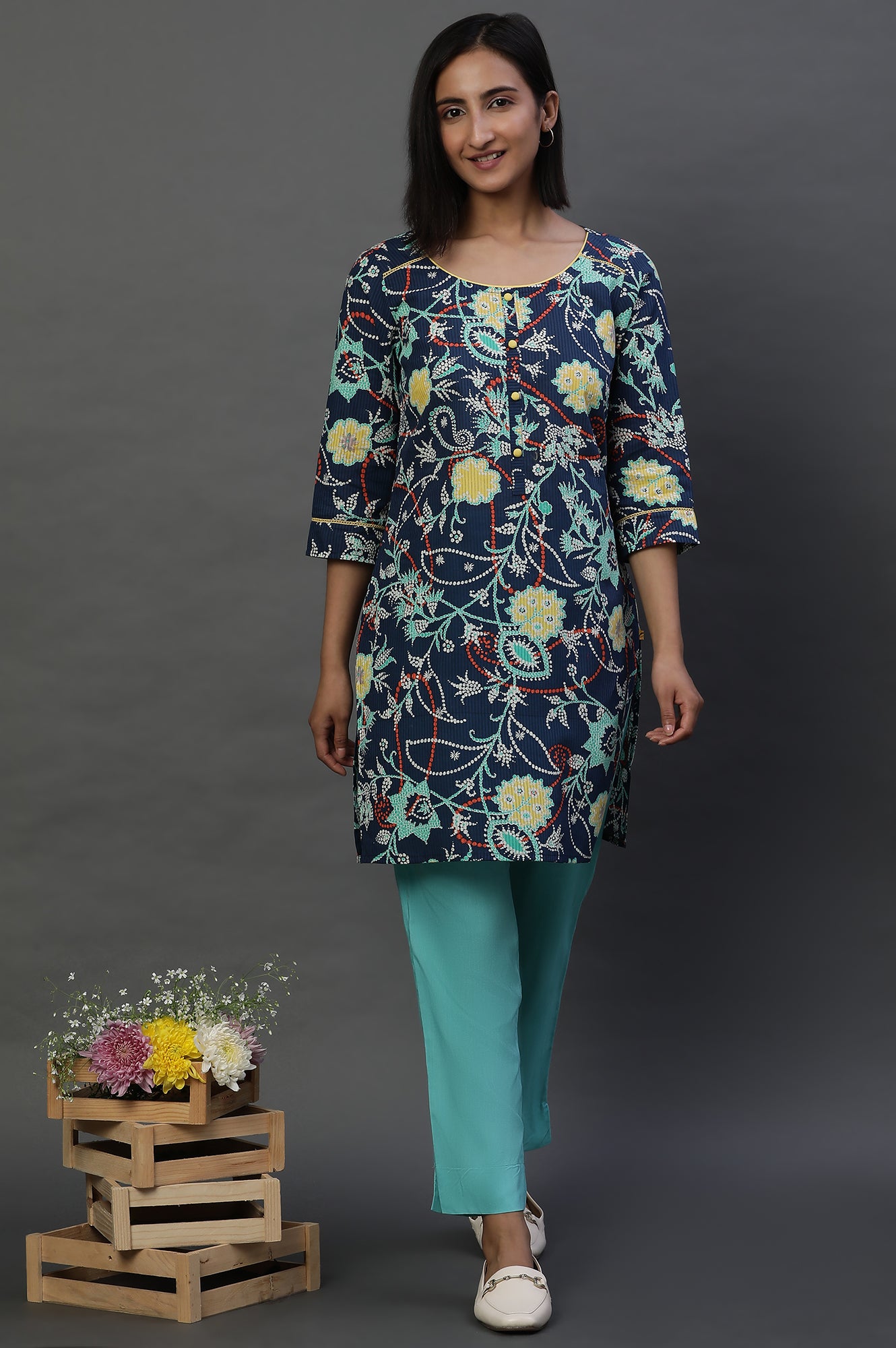 Navy Blue Floral Printed Short Kurti