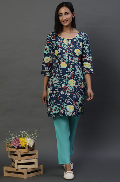 Navy Blue Floral Printed Short Kurti