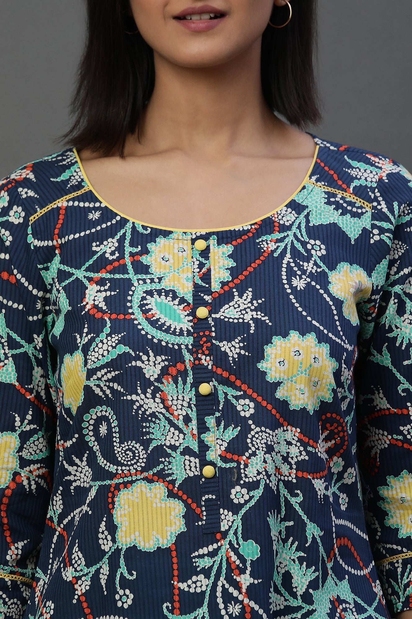 Navy Blue Floral Printed Short Kurti