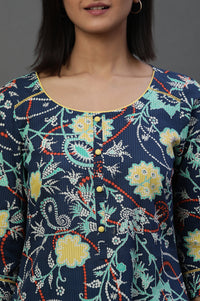 Navy Blue Floral Printed Short Kurti