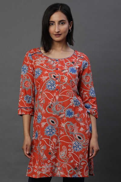 Orange Floral Printed Short Kurti