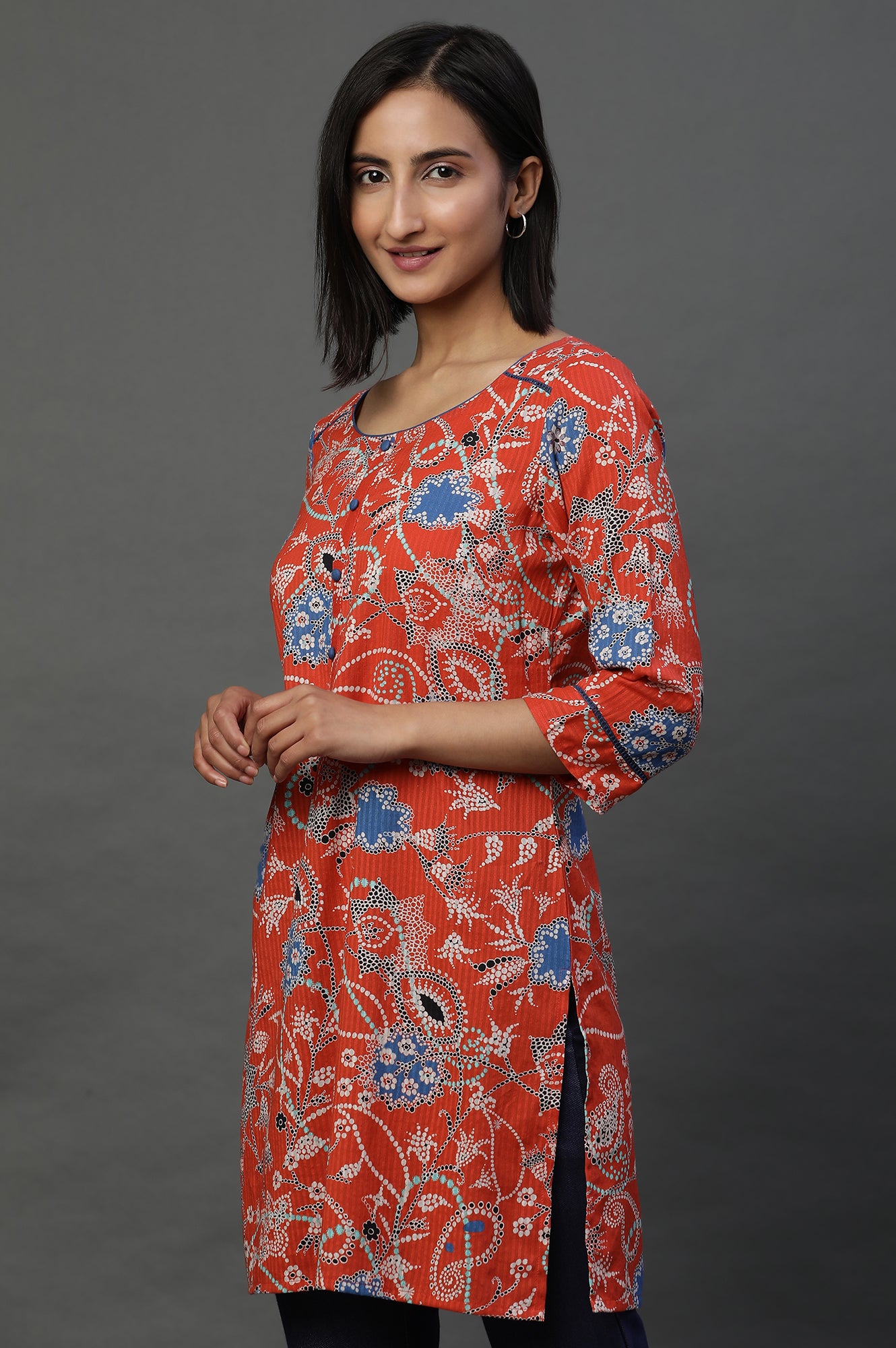 Orange Floral Printed Short Kurti