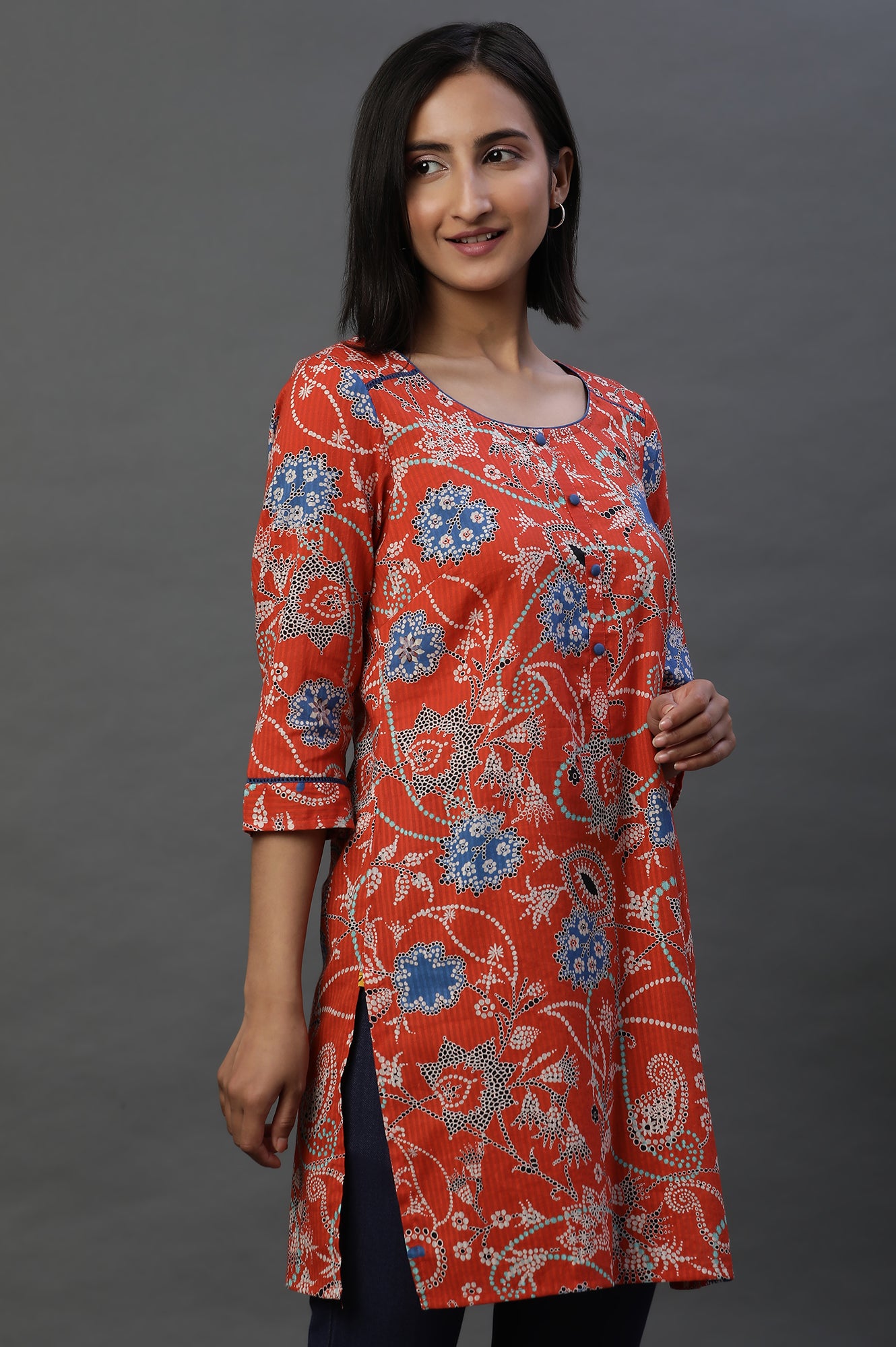 Navy Blue Floral Printed Short Kurti