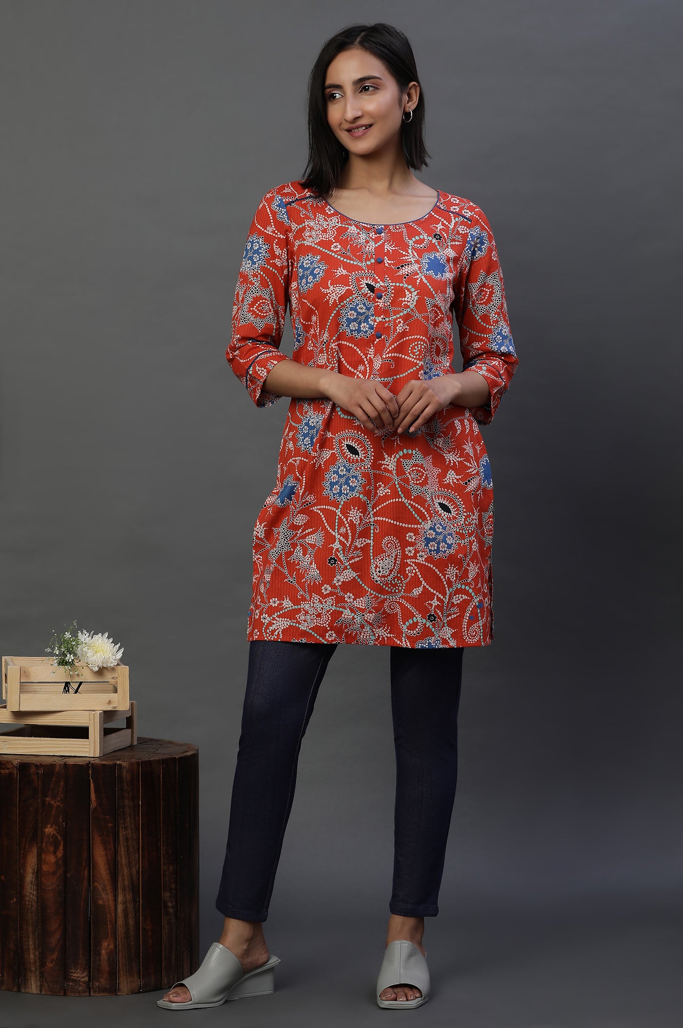 Navy Blue Floral Printed Short Kurti