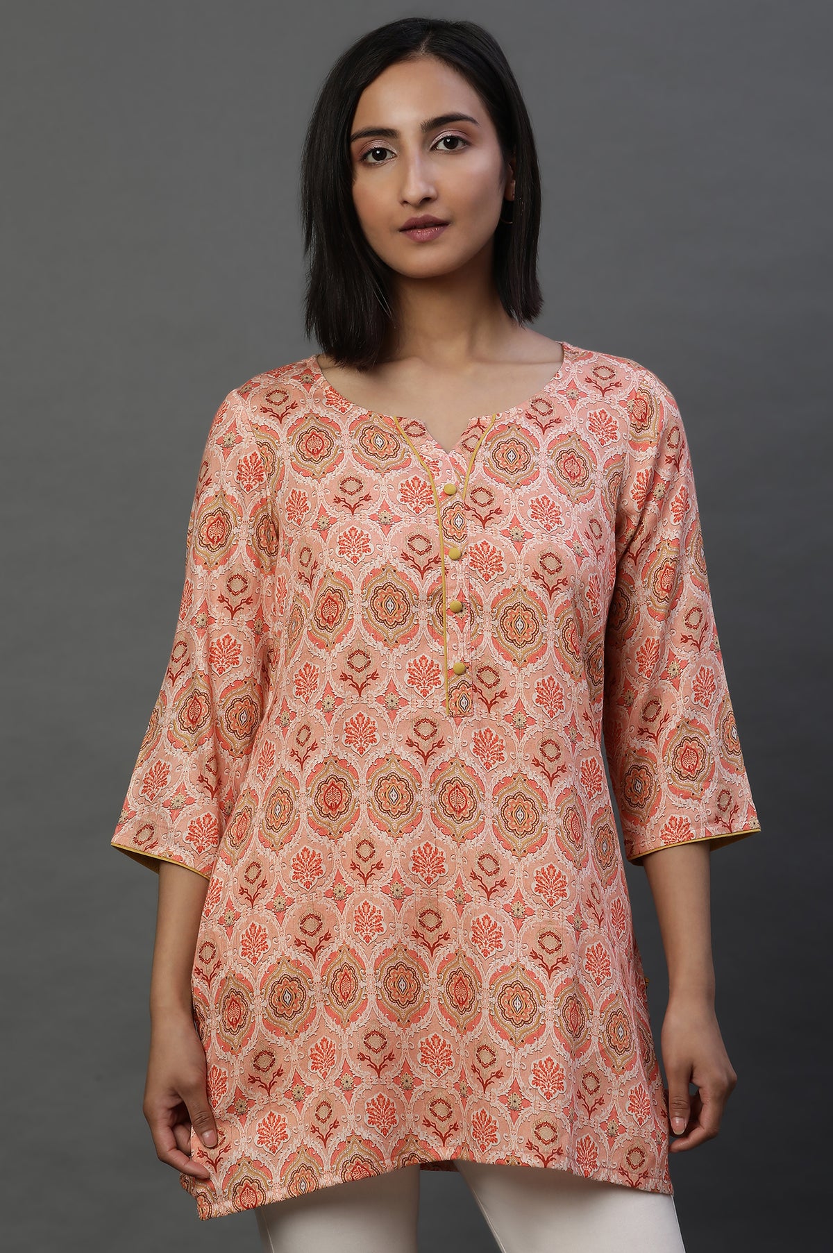 Orange Floral Printed Cotton Lurex Kurti - XS