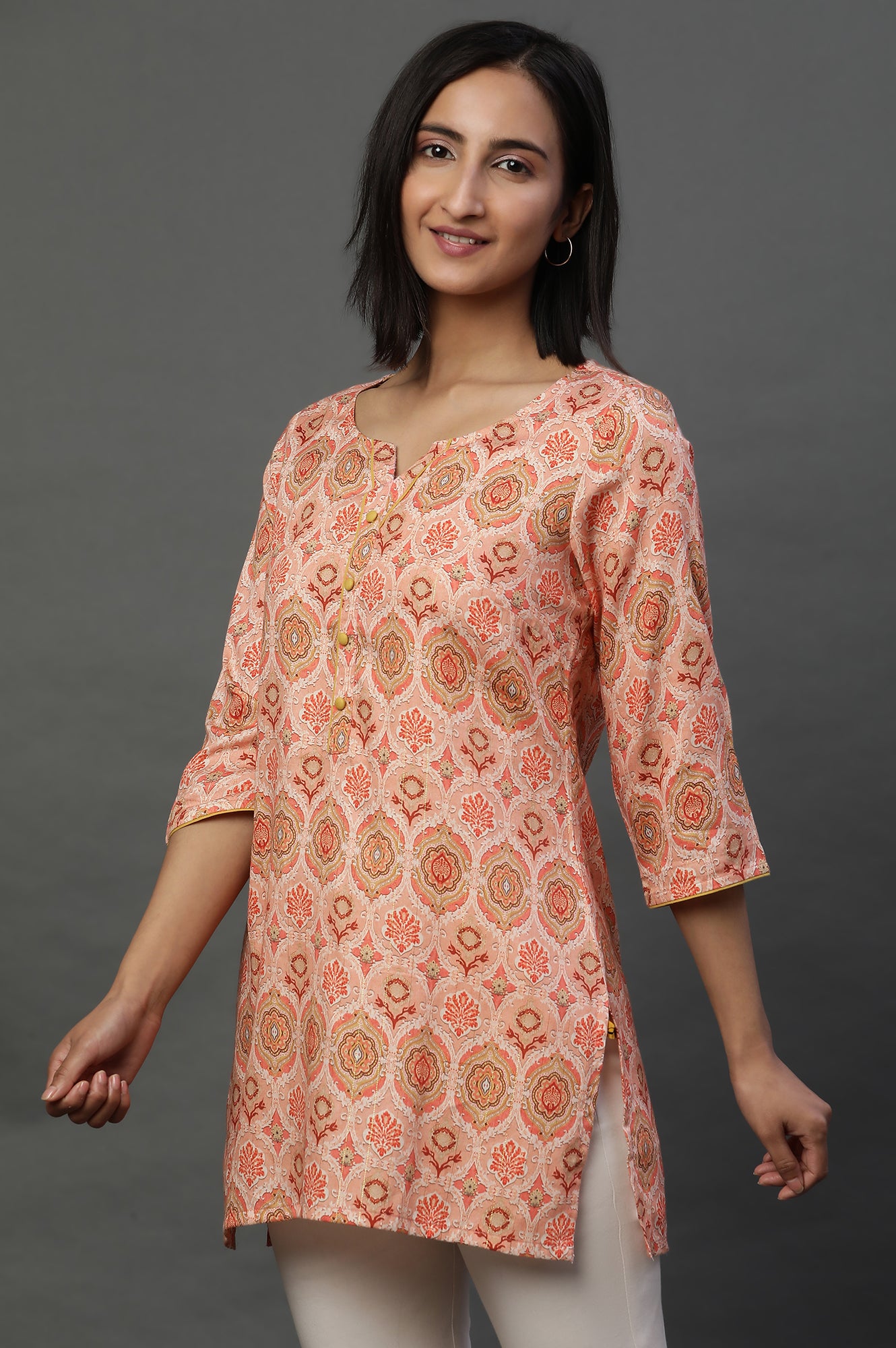 Orange Floral Printed Cotton Lurex Kurti