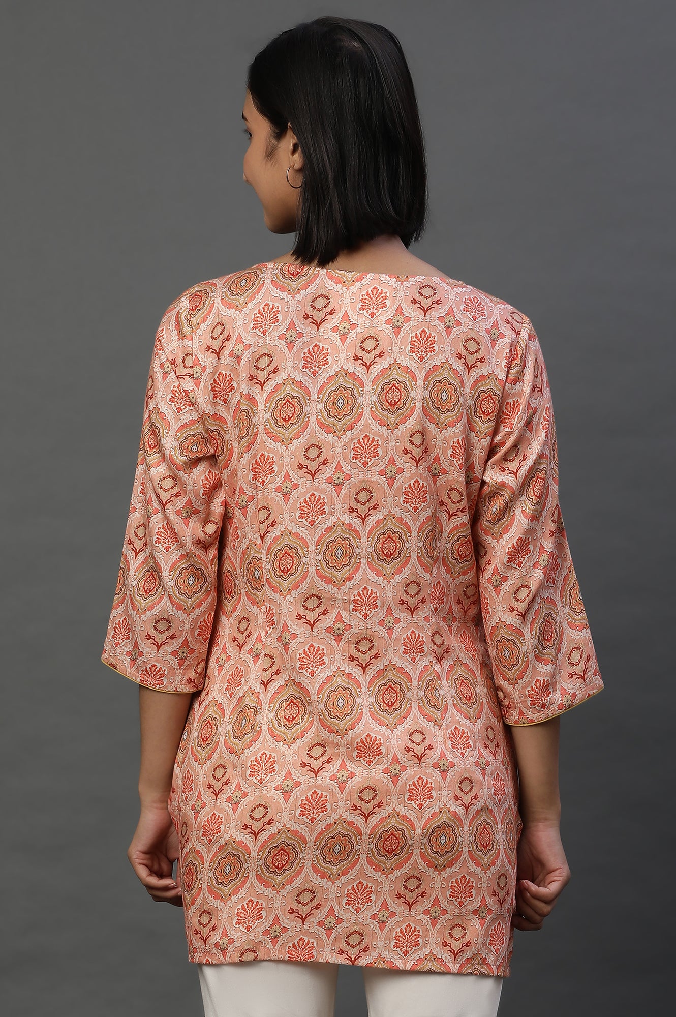 Orange Floral Printed Cotton Lurex Kurti