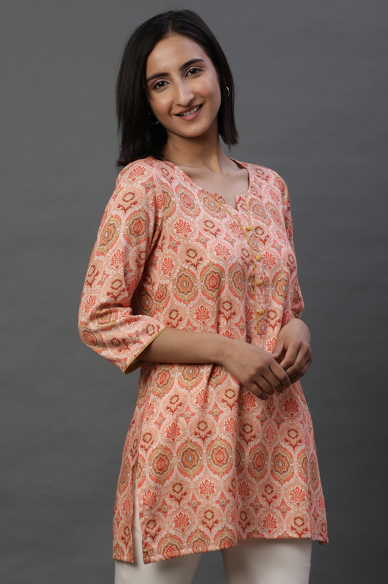 Orange Floral Printed Cotton Lurex Kurti