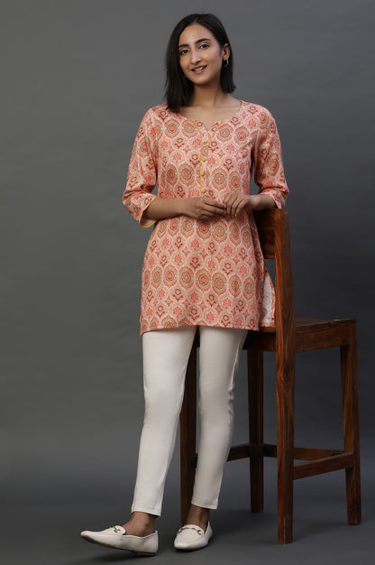 Orange Floral Printed Cotton Lurex Kurti