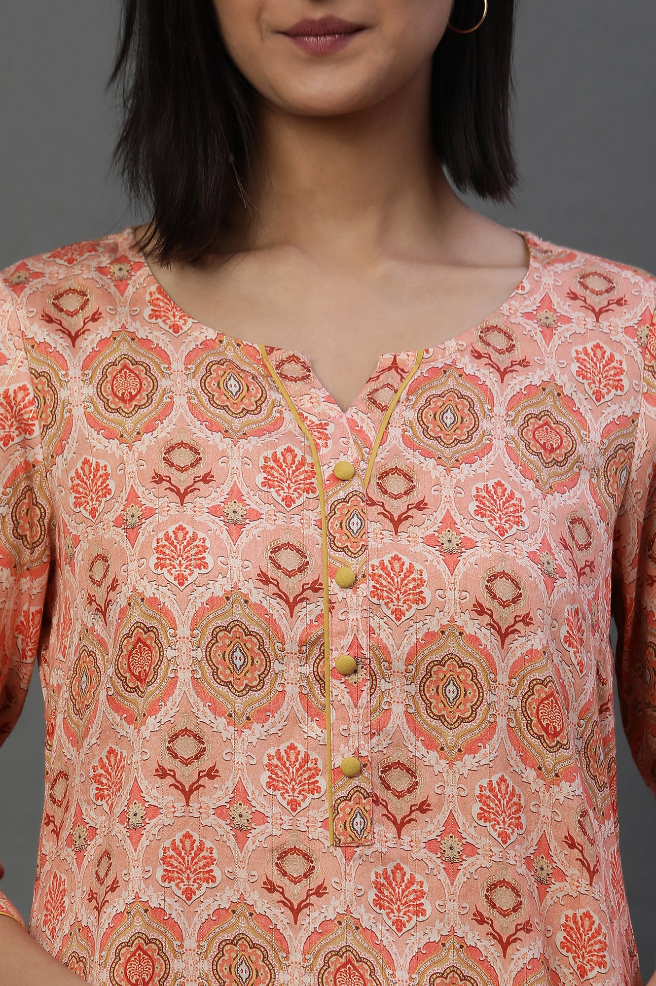 Orange Floral Printed Cotton Lurex Kurti