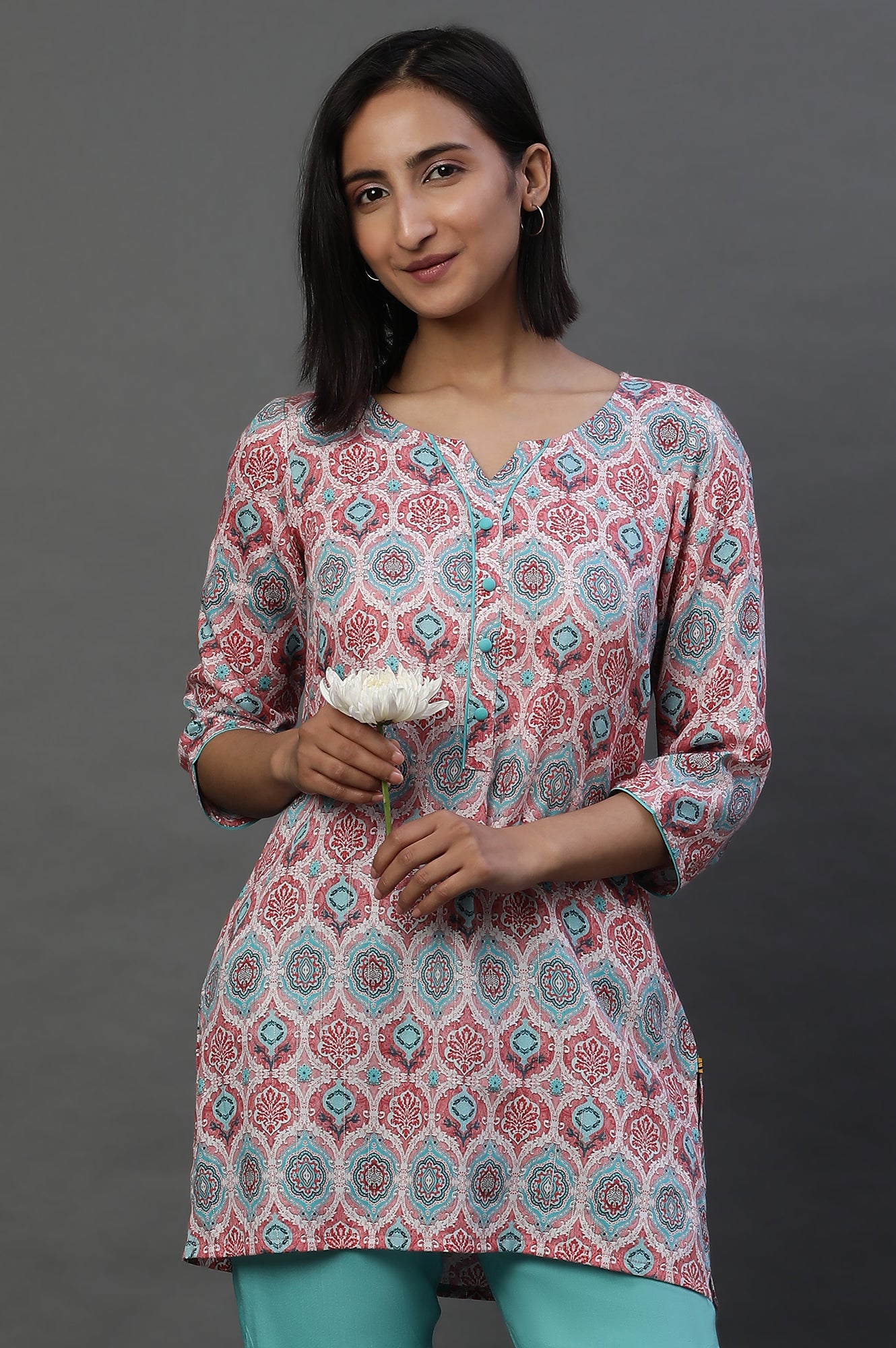 Pink Floral Printed Cotton Lurex Kurti