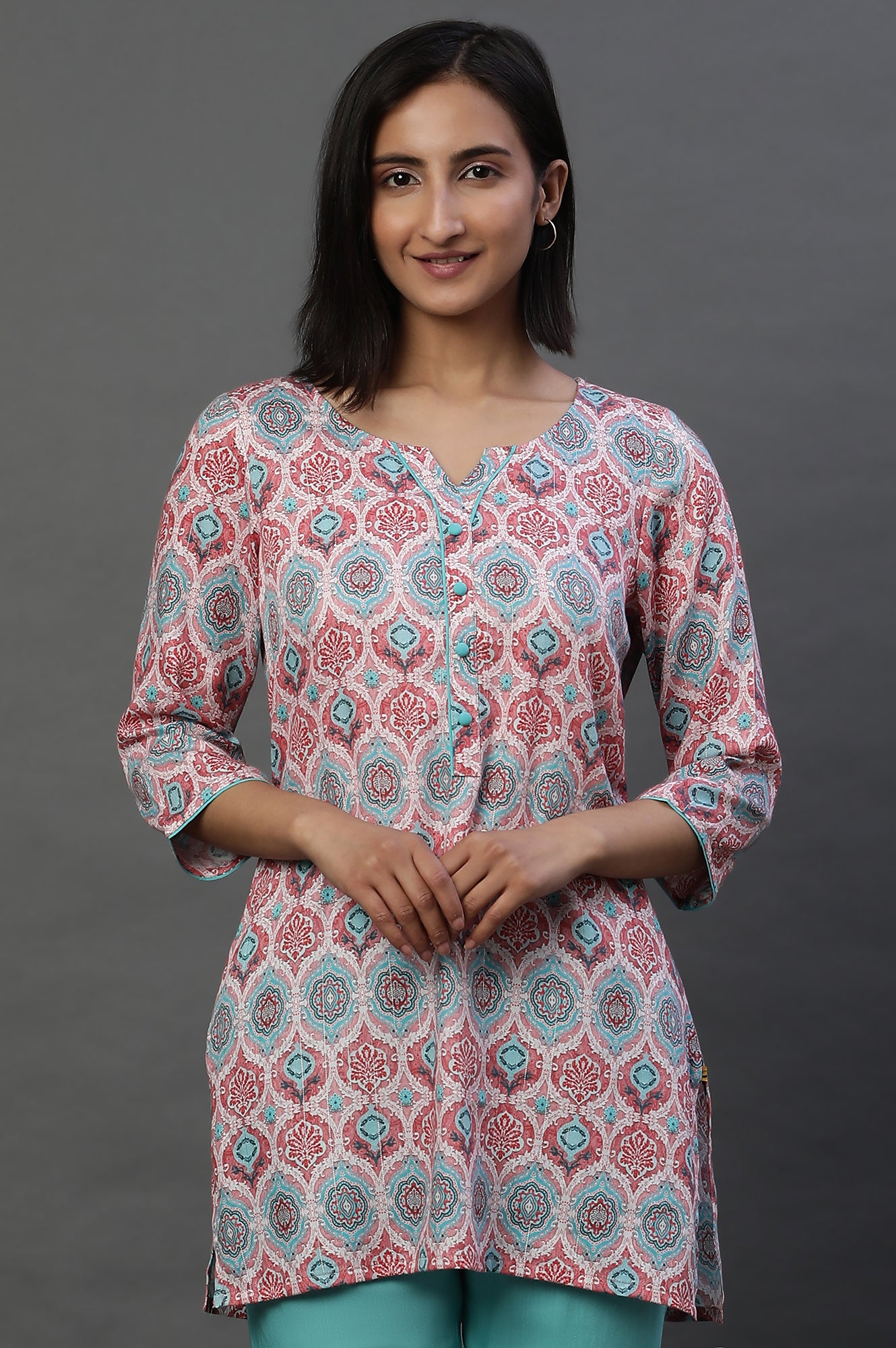 Pink Floral Printed Cotton Lurex Kurti