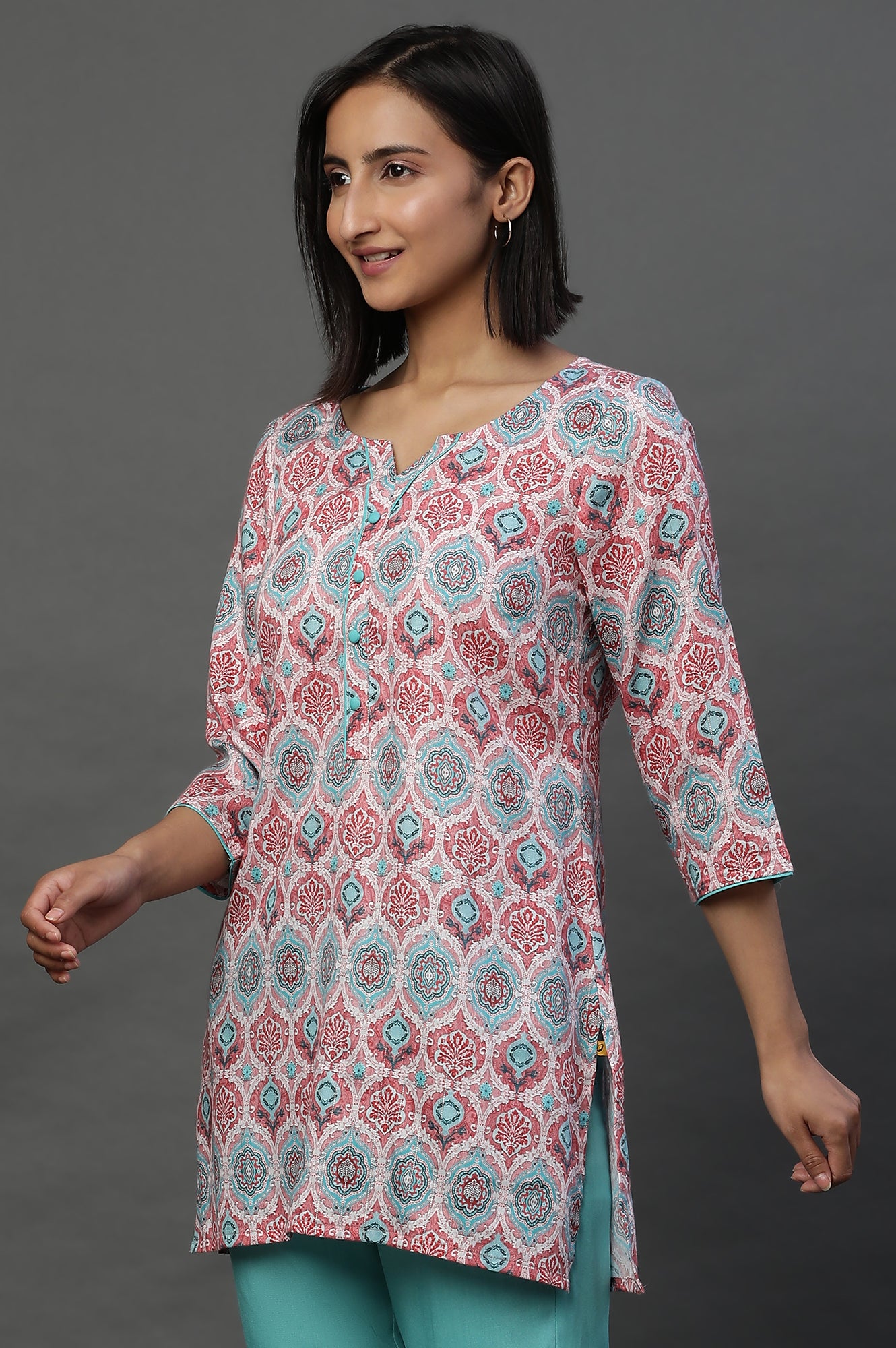 Pink Floral Printed Cotton Lurex Kurti