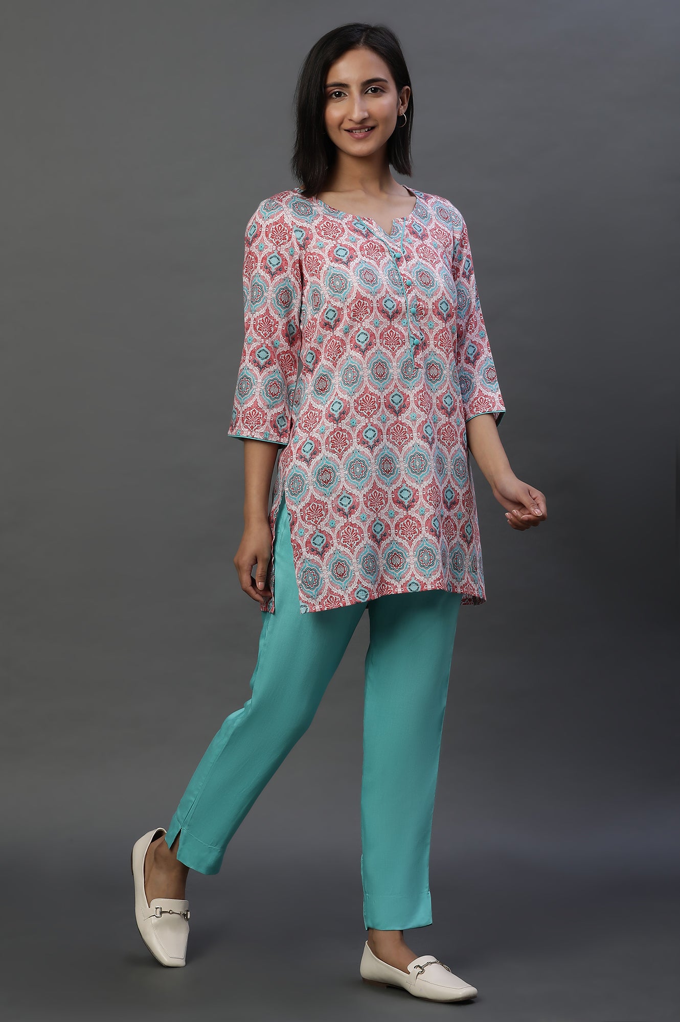 Pink Floral Printed Cotton Lurex Kurti