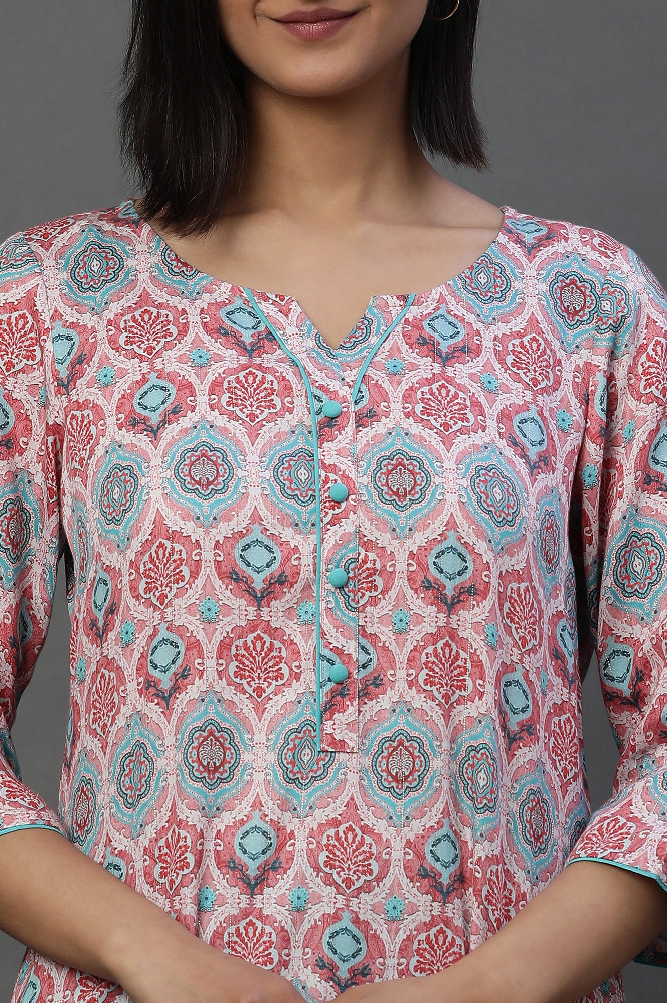 Pink Floral Printed Cotton Lurex Kurti