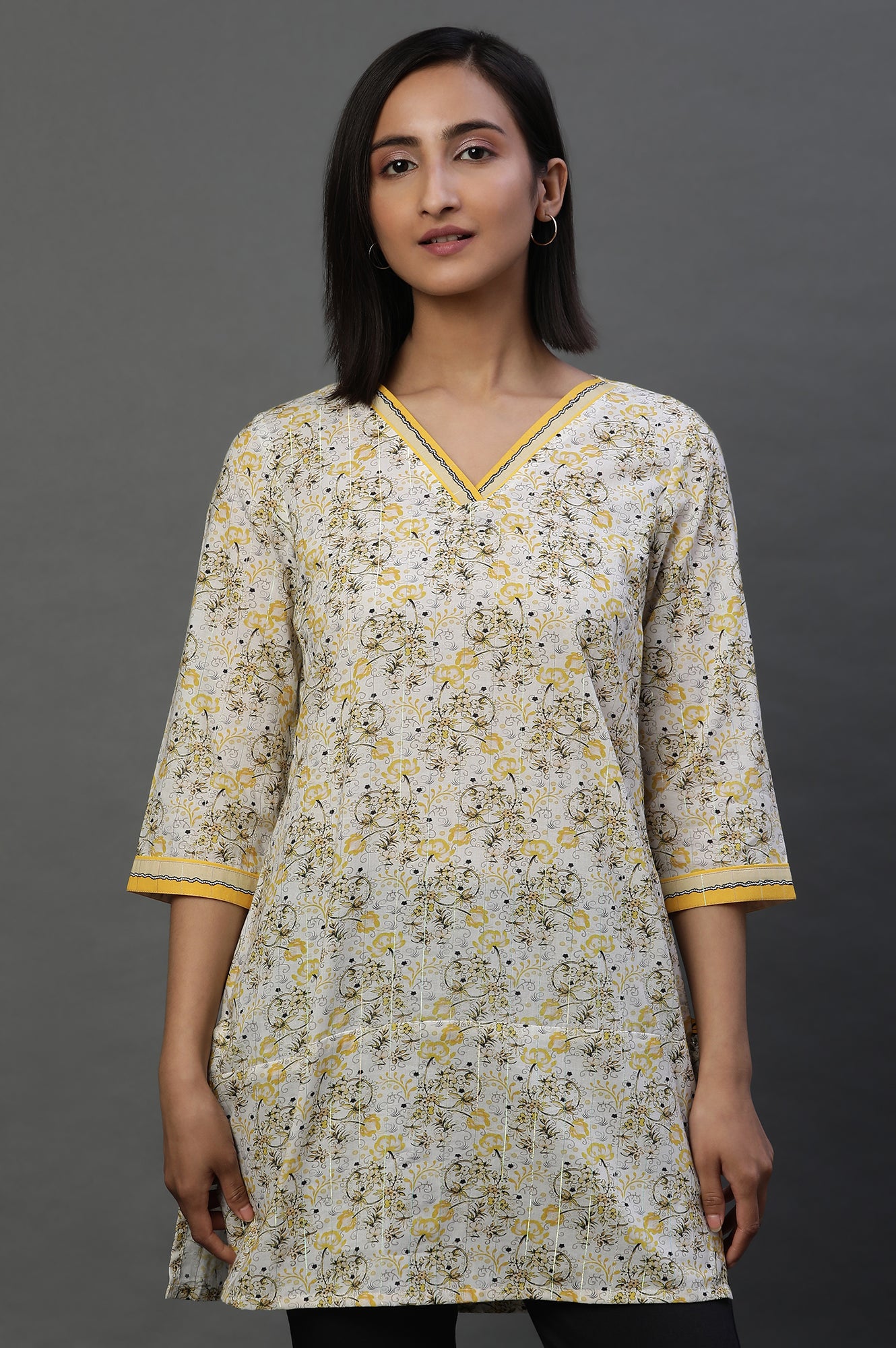 Yellow Floral Printed Fusion Kurti