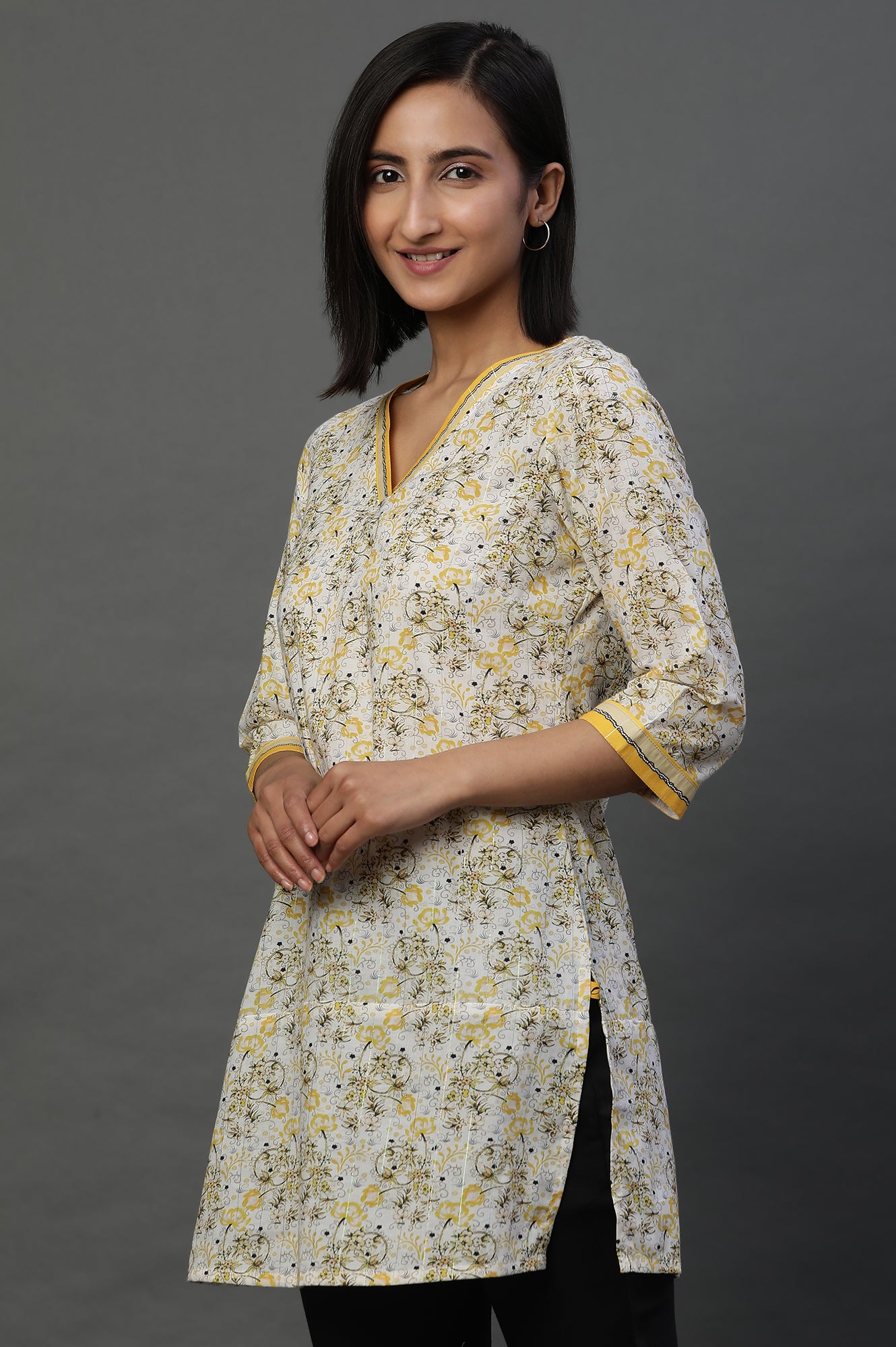 Yellow Floral Printed Fusion Kurti