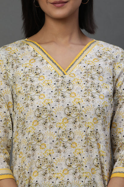 Yellow Floral Printed Fusion Kurti