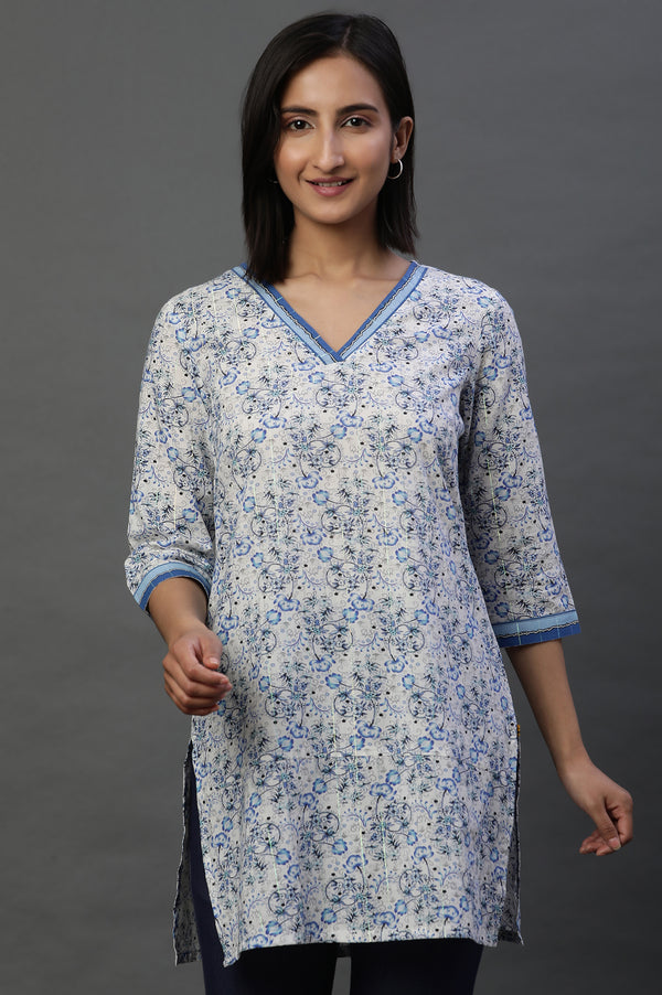 Blue Floral Printed Fusion Kurti