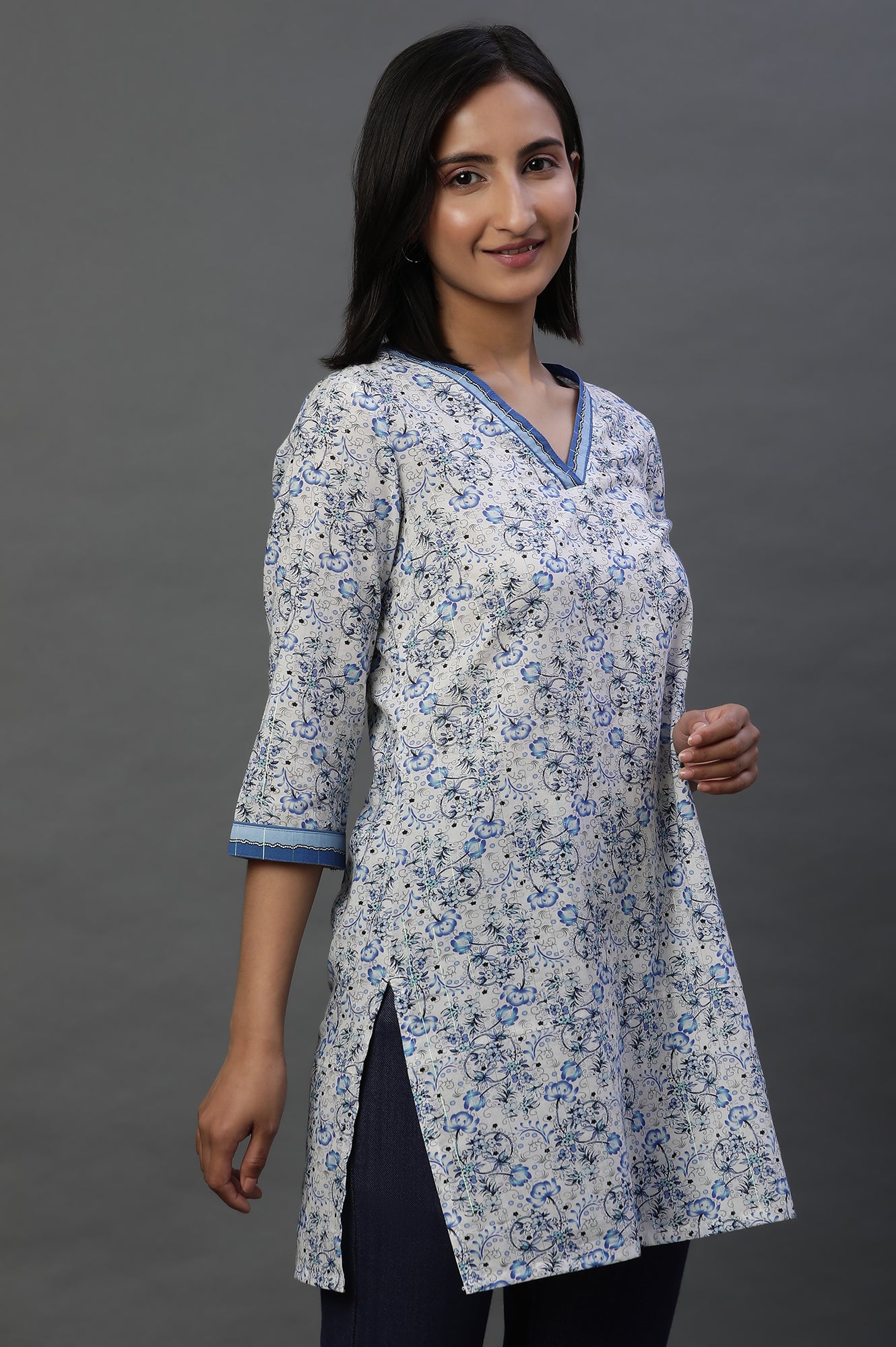 Blue Floral Printed Fusion Kurti