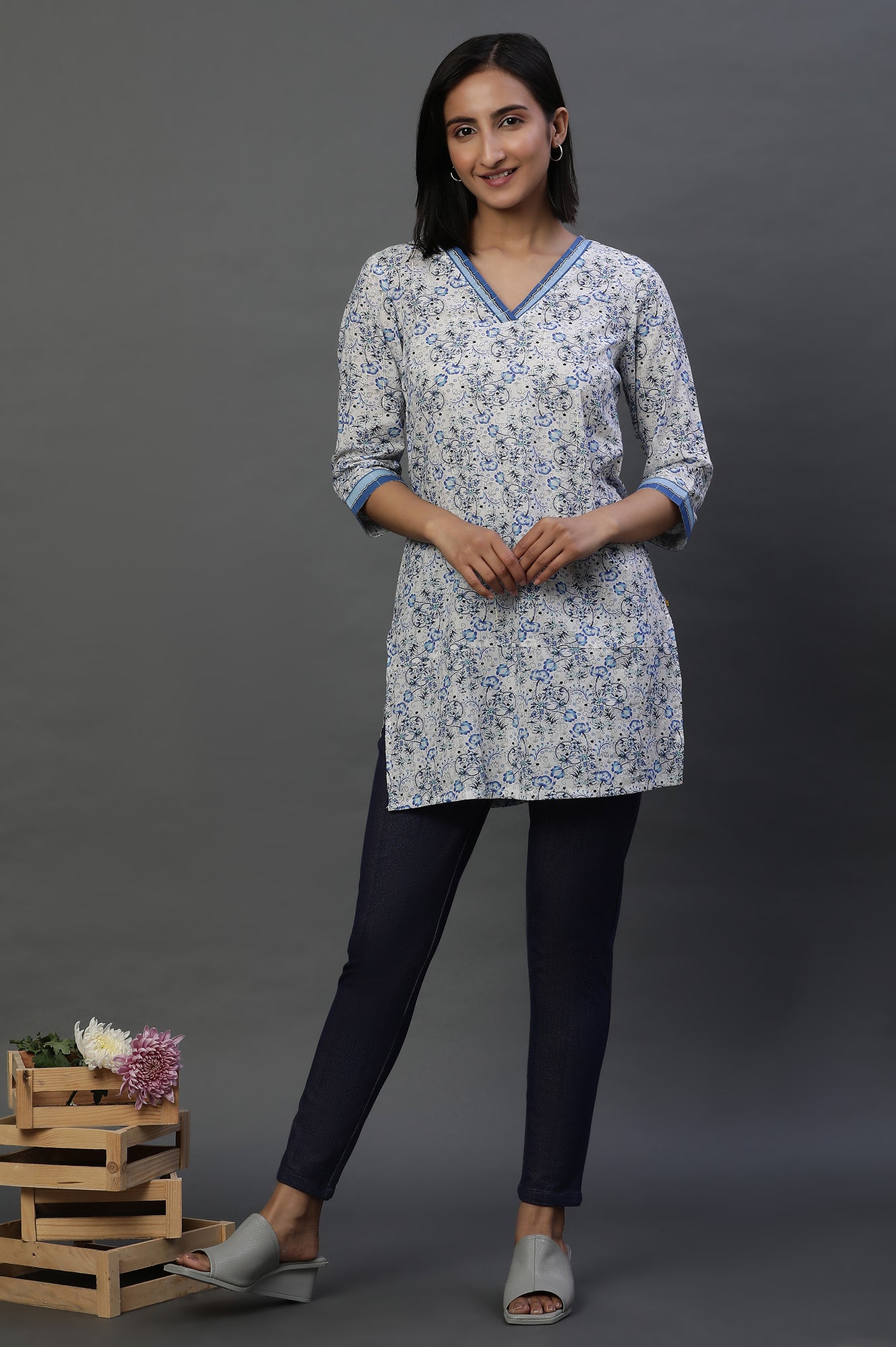 Blue Floral Printed Fusion Kurti